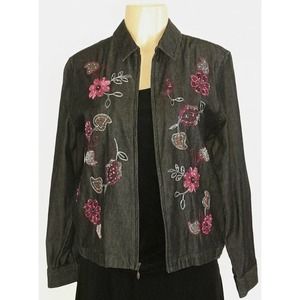 Breckenridge Petite Black Embroidered Zip Up Denim Jacket Size PS